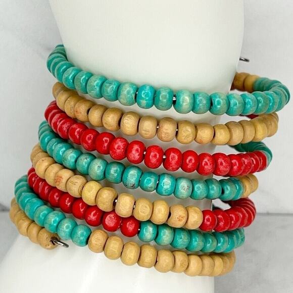 Boho Wood Beaded Wire Wrap Bracelet - Picture 3 of 12